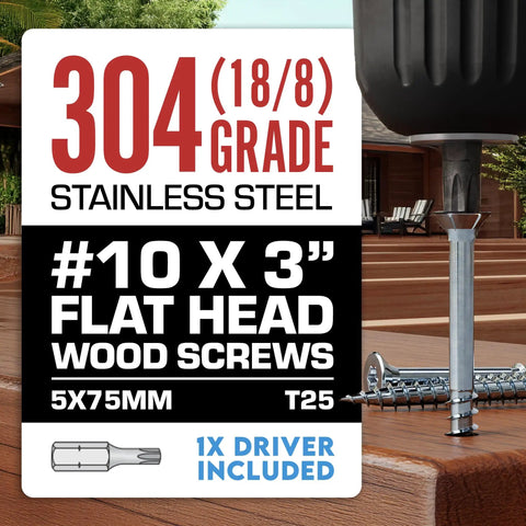 Close-up of Number Ten By Three Inch Stainless Steel Deck Screws 304 Grade 100 Pack with driver bit displayed on wood deck.