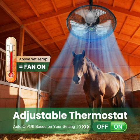 Solar Powered Outdoor Wall Mount Fan With Battery And Adjustable Thermostat 18 Inch Heavy Duty Metal Outdoor Fan above horse in barn
