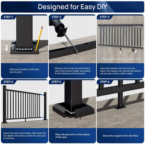36 Inch Aluminum Deck And Porch Railing Kit With 6 Foot Modular Rail System In Bold Black Textured Powder Coat AAMA 2604 Finish Includes One Post And One Panel For Outdoor Decks Porches Balconies And Stairs