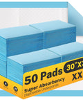 Heavy Duty Disposable Bed Pads Extra Large Underpads 50 Pack Super Absorbent Leak Proof Chux Style Pads For Adults Pets And Elders 30By36 Inch Blue stacked in packaging.