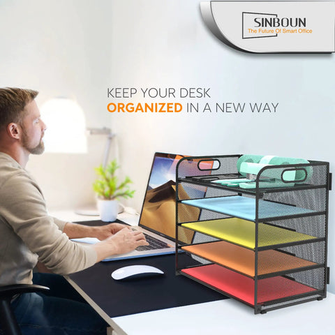 Five Tier Letter Tray Desk Organizer With Handle Metal Mesh Paper Holder and File Organizer in a home office setting.