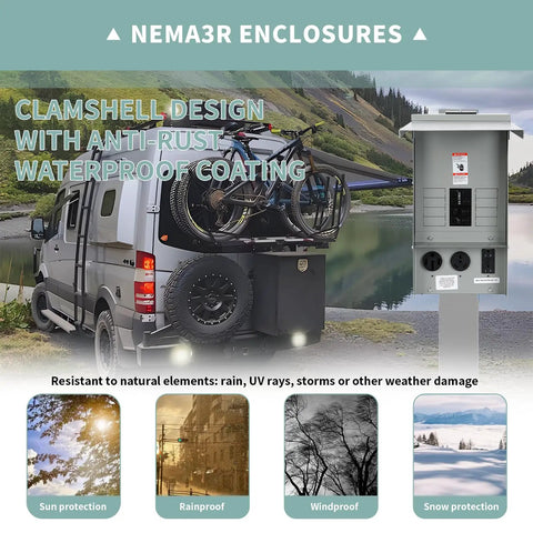 Heavy Duty Temporary Power Outlet Panel With 20 30 And 50 Amp Receptacles, RV near campsite with image of rugged terrain