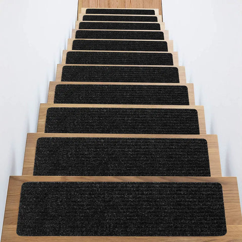 Wooden stairs with black No Slip Carpet Stair Treads For Wooden Steps, 16 Piece 8 By 30 Inch Self Adhesive Stair Runners installed