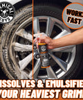 Hand using Orange Degreaser Spray For Engines And More Heavy Duty All Purpose Cleaner Pro Strength Breaks Down Grease Oil And Grime For A Deep Clean Of Engines Tires Undercarriages And Tools 16 Oz on car wheel