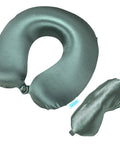 U Shaped Satin Travel Neck Pillow Set With Eye Mask For Flights And Road Trips Contoured Memory Foam Support Plush Comfort Lightweight And Cozy Must Have Travel Accessory For Total Neck Relaxation. Green satin neck pillow and matching eye mask