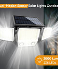 Outdoor Solar Lights Motion Sensor Flood Light With 416 LEDs Up To 3000 Lumens 7000K Waterproof on wall illuminating area