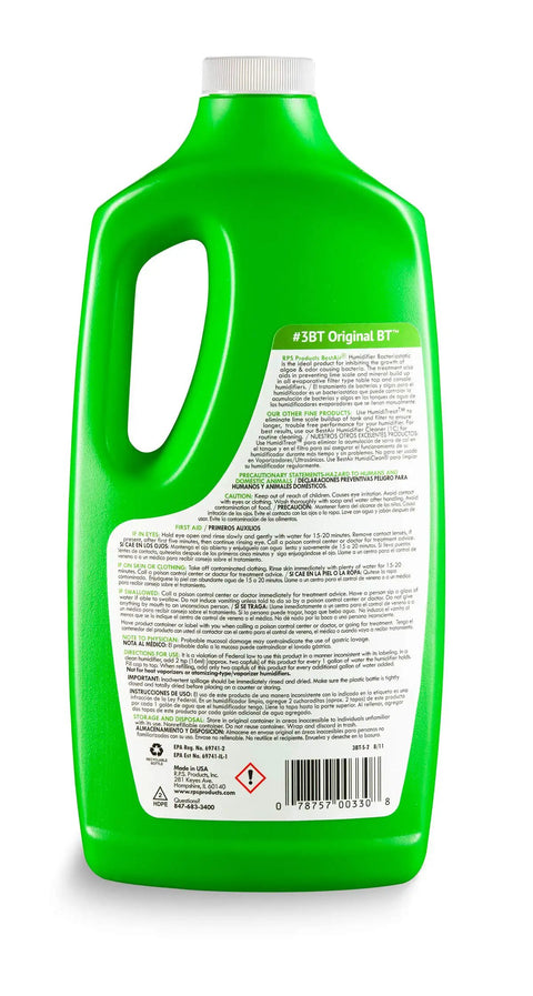 Back view of green bottle, Humidifier Water Treatment Bacteriostatic Formula 32 Fl Oz 6 Pack For All Evaporative Humidifiers