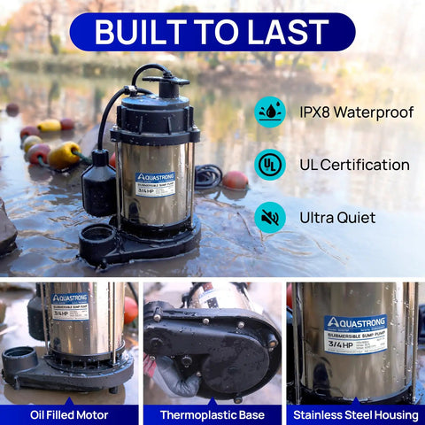 Three Quarters Horsepower Sump Pump For Basement Flooding, 4200 GPH Submersible Water Pump beside pond with features listed