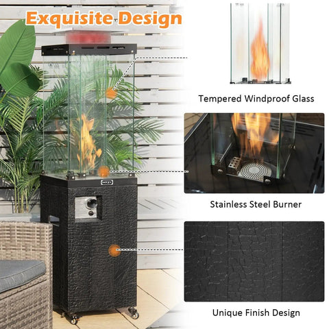 Beast 41,000 BTU Propane Patio Heater with tempered glass tube, stainless steel burner, and unique finish design on deck