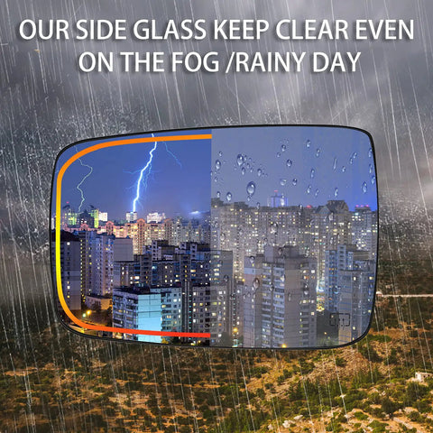 Driver Side Heated Mirror Glass Replacement For 2009-2018 Ram 1500 2500 Left Exterior Convex Mirror With Backing Plate And Built In Heating Ice Melt Fog Free Vision No Fuss Install showcasing fog and rain contrast.