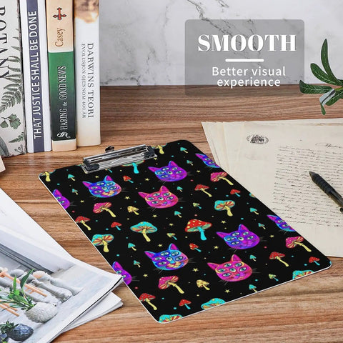 Trippy Eyes Print Plastic Clipboard With Low Profile Clip Acrylic Workhorse Desk Clip For A4 And Letter Size Papers Sturdy Writing Surface Smooth Glide Go To Desk Clip For Studying And Office Use, black cat pattern