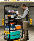 Man organizing Garage Fishing Gear Rack With Four Tier Design And Top Reel Holder Holds Up To Six Spinning Reels Metal Top Basket