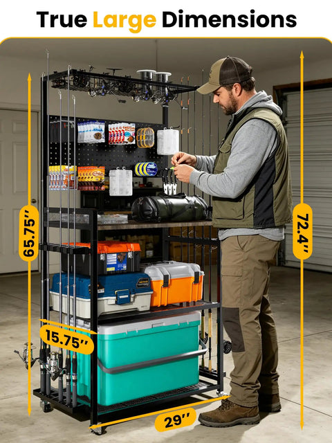 Man organizing Garage Fishing Gear Rack With Four Tier Design And Top Reel Holder Holds Up To Six Spinning Reels Metal Top Basket