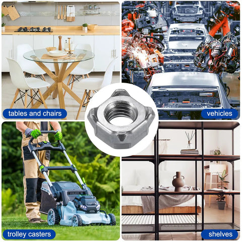 Heavy Duty Square Weld Nuts M8-1.25 UNC Carbon Steel Machine Screws Gray 10 Pack, displayed among furniture and vehicles.