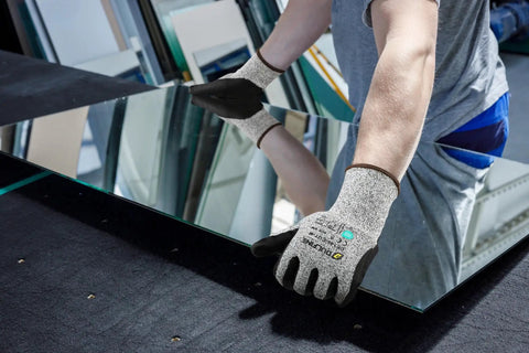 Individual wearing A3 Cut Resistant Work Gloves For Men And Women Foam Nitrile Coated With Touchscreen Friendly Tips handling glass.