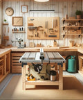 A well-organized workshop with a central table saw, neatly arranged wooden tools, shelves, and storage units in a light-filled room.