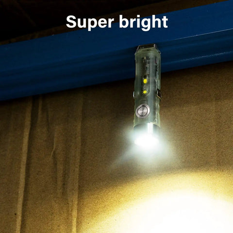 Glow In The Dark 650 Lumen USB C Rechargeable EDC Flashlight With 8 Modes White Sidelight illuminating a dark space.