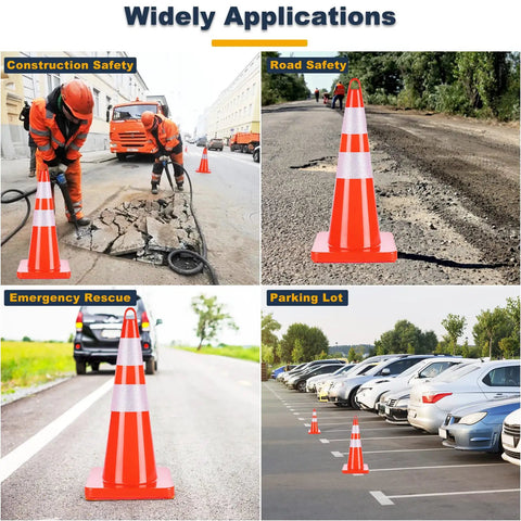 Collage of four images showing Upgraded 28 Inch Traffic Cones 6 Pack PVC Orange Construction Cones With Reflective Collar And Weighted Base