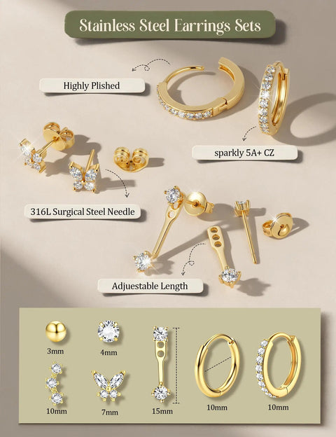 14K Gold Plated Earring Stacks for Women Cartilage Set Hypoallergenic 316L Stainless Steel Studs Nickel Free Lightweight Gold Tone Ear Jewelry Multi Pack for Daily Wear and Sensitive Ears, 10mm hoops