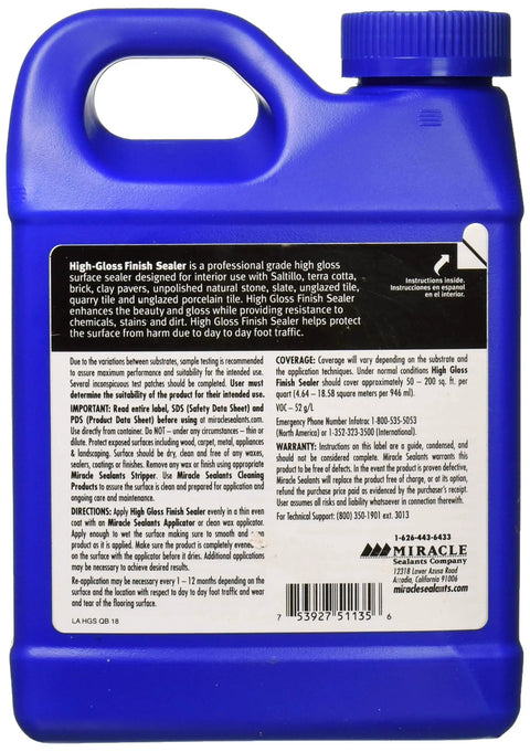 Back of Pro Grade High Gloss Sealer For Tile And Stone, Water Based, Interior Use, quart, showing instructions and label details