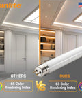 Comparison showing 2 Foot T8 Fluorescent Lamp 17W 1450 Lumens Cool White 4100K with 83 CRI vs competitor with 65 CRI