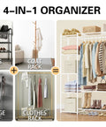 The Go To Portable Wardrobe Closet And Clothes Rack With Four Tier Shelves For Folded Fits And Bags Plus A Double Layer Shoe Rack That Holds Fourteen Pairs and hanging spots, featuring shoes, coats, and storage.