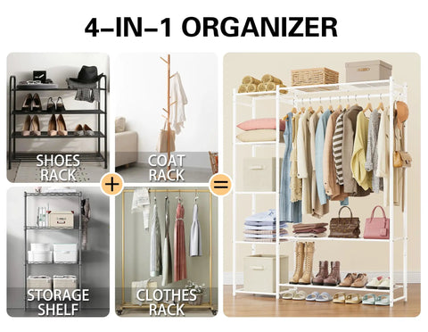 The Go To Portable Wardrobe Closet And Clothes Rack With Four Tier Shelves For Folded Fits And Bags Plus A Double Layer Shoe Rack That Holds Fourteen Pairs and hanging spots, featuring shoes, coats, and storage.