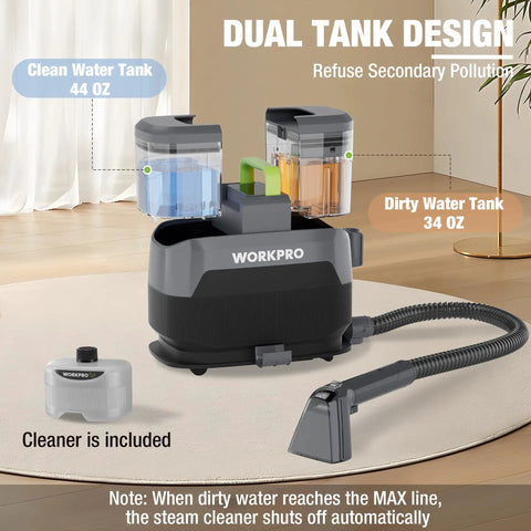 Slick Steam Portable Carpet And Upholstery Cleaner With 16Kpa Pressure, four cleaning modes and versatile tools, displaying dual water tanks.