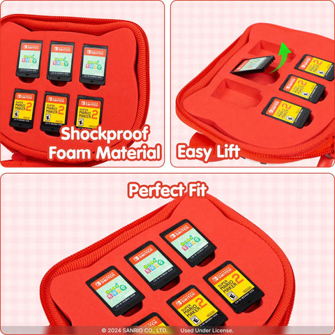 Inside view of Hello Kitty Nintendo Switch Cartridge Case Zip Storage Wallet 36 Game Capacity with 12 Slots, highlighting interior features.