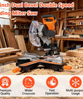Heavy Duty 10 Inch Dual Bevel Sliding Miter Saw With Bright Led Light And 48 Tooth Blade For Rock Solid Zero Hassle Cuts Up To 45 Degrees With Dual Speed Motor And Roomy Extension Table For No Sweat Weekend Builds Black in workshop setting.