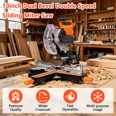Heavy Duty 10 Inch Dual Bevel Sliding Miter Saw With Bright Led Light And 48 Tooth Blade For Rock Solid Zero Hassle Cuts Up To 45 Degrees With Dual Speed Motor And Roomy Extension Table For No Sweat Weekend Builds Black in workshop setting.
