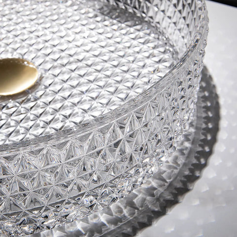 USZWBY Bathroom Vessel Sink Vanity Tempered Glass Vessel Bowl Sink Transparent countertop sink bowl detailed close-up with drain hole.