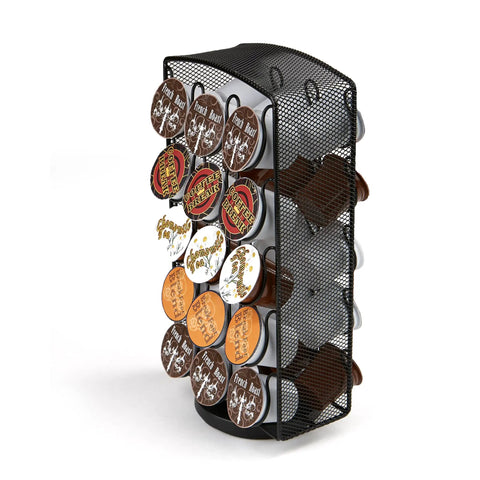 Single Serve Coffee Pod Carousel Organizer For Breakrooms, 30 Pod Capacity, metal mesh spinner rack, silver finish.