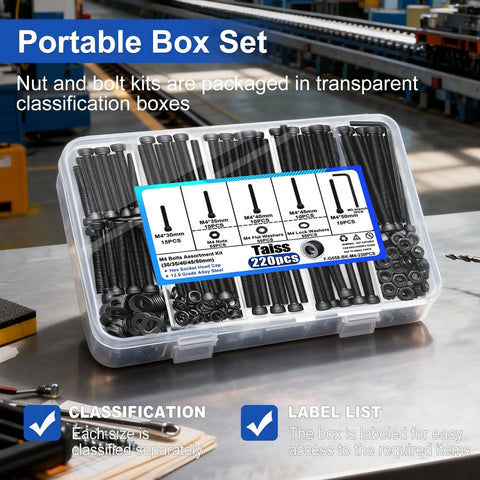 All In One M4 Screw Kit 220Pcs Set With M4 X 30/35/40/45/50mm Hex Socket Head Cap Screws in transparent storage box