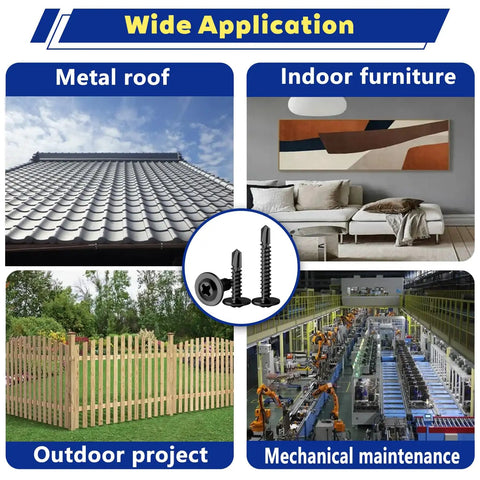 Wide application examples of Heavy Duty 410 Stainless Steel Sheet Metal Screw Assortment Kit for roofing, furniture, fencing, and maintenance.