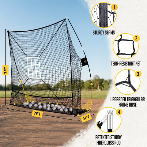 7x7 Baseball And Softball Net With Large Ball Collection System, Upgraded Triangular Base for Stable Batting Practice