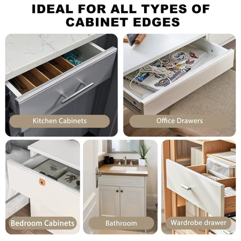 Four Pack 24 Inch Cabinet Door Edge Guards With Strong Adhesive Strip For Kitchen Cupboards offers knockouts on kitchen, office, bedroom, and bathroom edges.