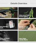 Details of 3 In 1 Camping Hammock Tent With Mosquito Net And Rain Fly, showing hooks, zipper, pouch, Velcro, water-resistant tent lining.