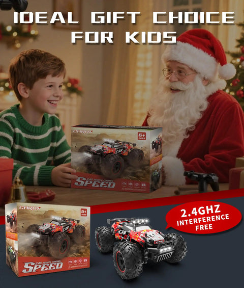 Child receiving 2.4GHz Remote Control Off Road Monster Truck 1 18 Scale With LED Lights Proportional Throttle 26 KMH Speed as gift
