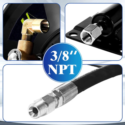3/8" NPT outlet fittings on Heavy Duty Pressure Washer Hose Reel 100 Ft With Manual Crank, Steel Construction, Swivel Arm, 4000 PSI.