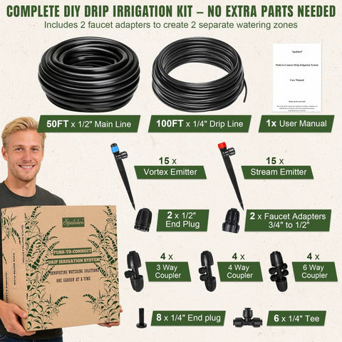 Push To Connect Drip Irrigation System For Garden Beds And Raised Beds With Adjustable Watering Kit components displayed.