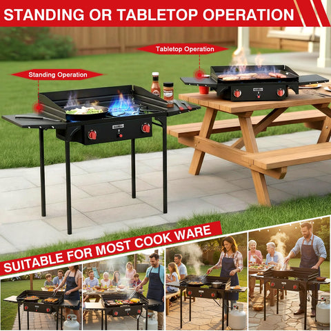 Two Burner Camping Stove With Windscreen And Side Shelves Bag Auto Ignition Regulator 150000 BTU High Pressure Propane Burner