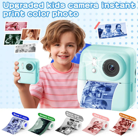 Kids Instant Print Camera 1080P Digital Camera With Built In Printer Shoot Photos And Videos Prints In Five Color Options Kid Friendly Easy To Use Perfect Gift For Young Photographers And Crafty Keepsakes On The Go. mint kids instant print camera held by child with printed photos