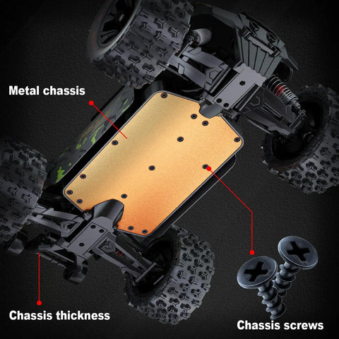 Brushless One Fourteenth Scale RC Truggy For Adults, viewed from below showing aluminum chassis and screws.