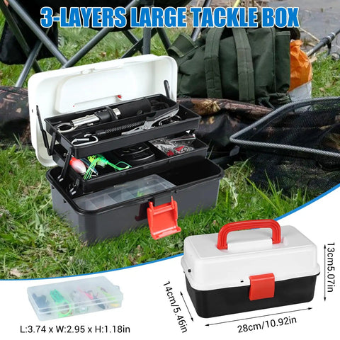 Open All In One 3 Layer Tackle Box With 213 Pcs Lures Kit And Handy Tool Kit on grass, showing organized compartments