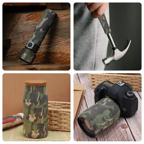 Camouflage Grip Tape 4 Roll Pack on flashlight hammer viewfinder in Desert Grass ACU Forest Wood Camouflage pattern