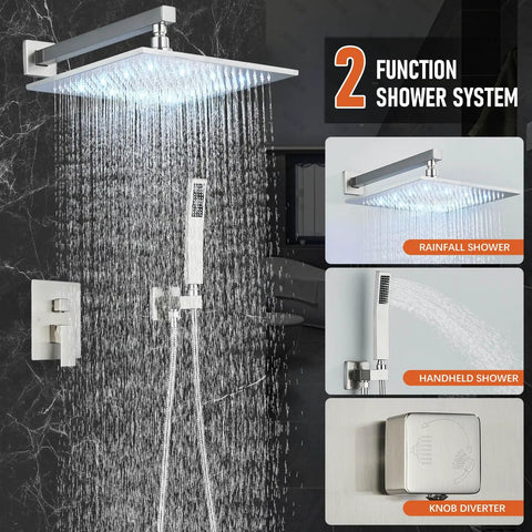 Brushed Nickel Shower System with 12 Inch LED Rainfall Shower Head, Brass Handheld Combo, Bathroom Rain Mixer, in action on wall