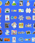 100 Piece Science Stickers for Water Bottles Featuring Physics Biology Chemistry Math Themes on blue background