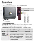 Dimensions of Gold Clock Hands And Quartz Movement Kit For DIY Wall Clocks showing 11mm shaft and 5mm thread.