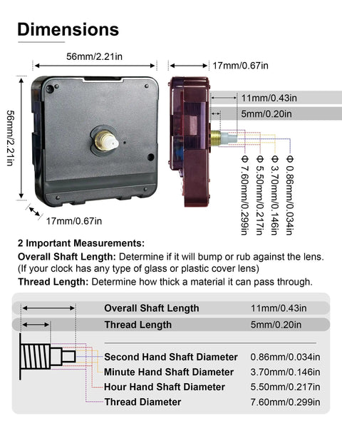 Dimensions of Gold Clock Hands And Quartz Movement Kit For DIY Wall Clocks showing 11mm shaft and 5mm thread.